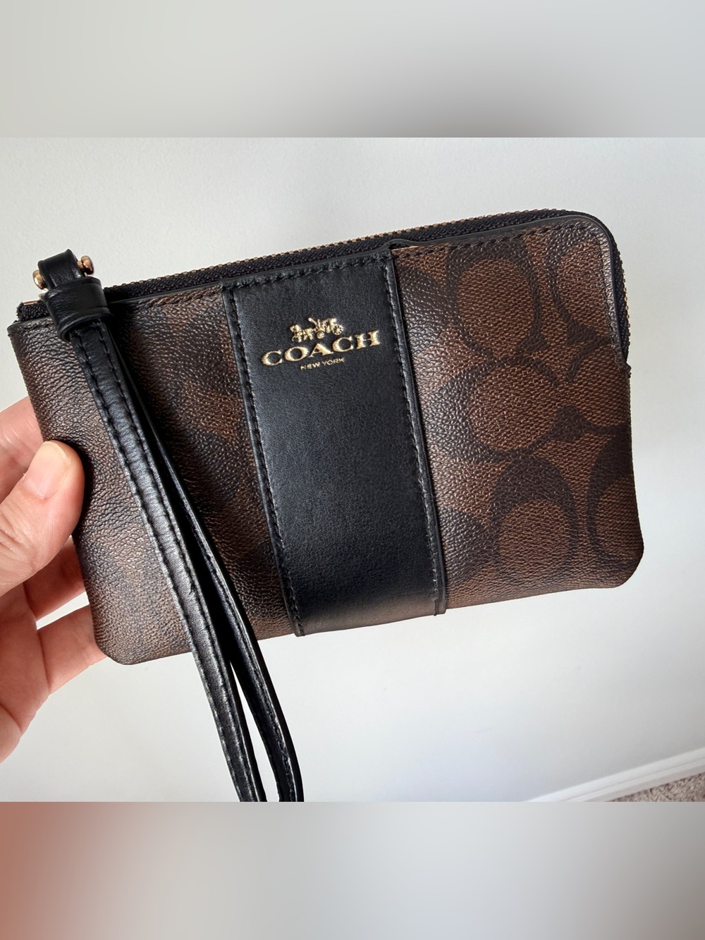 Coach Brown Signature Canvas Wristlet with Black Leather Trim